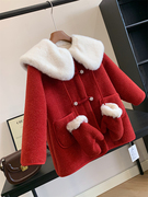 品牌童装冬季女童一体绒，加厚保暖毛领，中长款新年红色毛呢大衣外套