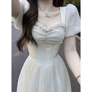 白色连衣裙女重工镶钻生日公主裙气质长裙收腰显瘦温柔风仙女裙子