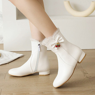 甜美蕾丝蝴蝶结学院风小码女鞋低跟防滑圆头短靴子白色简约马丁靴