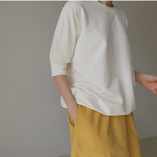 T234韩国女装2024简约宽松纯棉套头五分袖夏季女tT恤薄卫衣