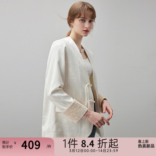 dfvc春季白色中国风刺绣，短款西装外套2024女宽松v领盘扣上衣