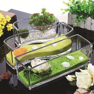 玻璃鱼缸小型创意桌面生态金鱼缸(金鱼缸)水培长方形迷你办公桌造景水族箱
