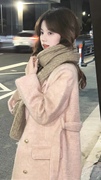 韩系温柔羊毛呢大衣2023冬季加厚粉色毛呢外套女高级感小个子