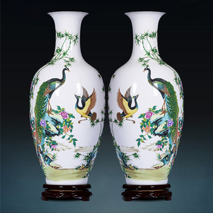 景德镇陶瓷器粉彩孔雀花瓶，对瓶中式家居装饰品，客厅插花工艺品摆件