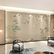 2023年中式电视背景墙壁纸，手绘花鸟刺绣沙发影视，墙布无缝壁画
