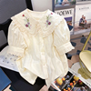法式小众娃娃领镂空花朵衬衫上衣女夏季宽松高级感别致泡泡袖衬衣