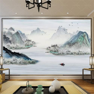 3d中式山水风景画墙纸客厅，电视背景墙壁纸墙布，8d卧室沙发定制壁画