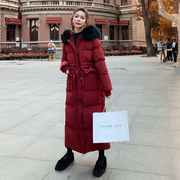 香港潮牌流行宽松中长版羽绒棉服女2023冬女装红色大毛领外套