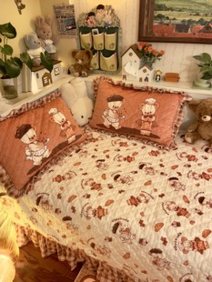 烘焙熊-夹棉床盖枕套三件套 棕色咖啡荷叶边床裙沙发垫床单地毯