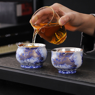 掐丝珐琅彩银杯子茶杯主人杯，个人专用高档茶具，纯手工龙凤对杯茶盏