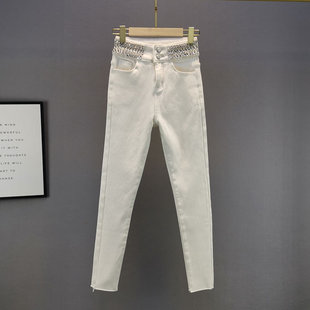 白色加绒加厚牛仔裤，女潮冬季高腰修身显瘦欧洲站水钻小脚长裤