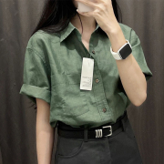 法式墨绿色高级感质感西装短袖衬衫女士夏季职业面试学生上衣