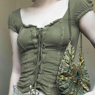 msyoucan沼泽女巫绿色控森系系带，法式t恤蕾丝，拼接方领复古上衣女