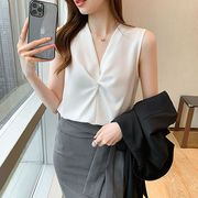 法式无袖雪纺衬衫女2024夏季韩版设计感V领气质打结衬衣ins潮