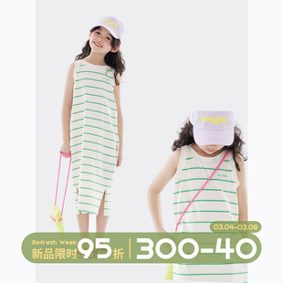 olamimi定制2023夏亲子(夏亲子)白绿条纹纯棉休闲活力，开叉无袖背心连衣裙