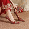 红色婚鞋女刺绣中式秀禾水晶新娘鞋2024年细跟尖头性感高跟鞋