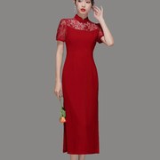 优雅名媛中国风喜气红色旗袍连衣裙立领短袖蕾丝拼接长款一步裙女
