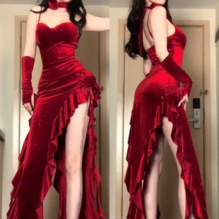 girlsat18红色连衣裙女高级丝绒吊带裙，不规则性感生日晚礼服长裙