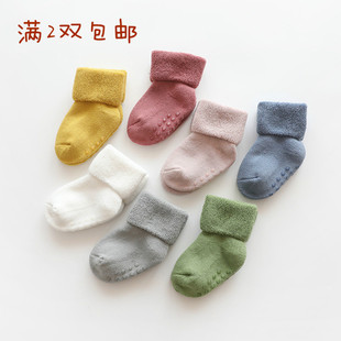 新生儿袜子秋冬季加厚保暖袜冬天男女儿童纯棉，点胶防滑婴儿毛圈袜