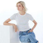 白领夏季女士紧身修身白色兰条圆领短袖针织套衫OL-XWZH21-201