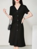 黑色连衣裙女2024年夏季高级感V领单排扣收腰显瘦气质中长裙