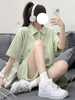 港风运动服套装女夏季学生绿色polo短袖时尚，短裤两件套小个子