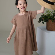 童装夏装女童纯棉咖啡色短袖连衣裙简约薄款休闲儿童日系