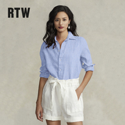 RTW美式亚麻长袖衬衫秋装休闲慵懒白色棉麻上衣薄外套蓝色衬衣女