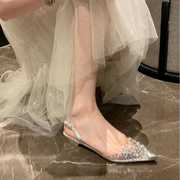 银色平底水钻凉鞋女2024年仙女风水晶，一字带尖头透明低跟单鞋