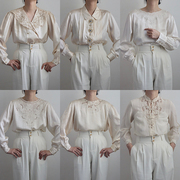 vintage古着日系雪纺衬衣孤品，宽松法式大翻领，刺绣蕾丝白衬衫23