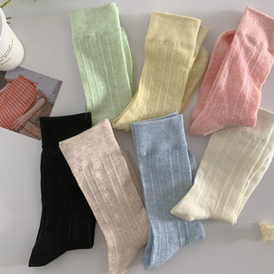 糖果色夏季镂空网眼薄款袜，子女中筒袜ins潮，纯色个性百搭堆堆棉袜