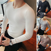 香港毛衣男秋冬季修身薄款V领T恤长袖弹力低领上衣紧身针织打底衫