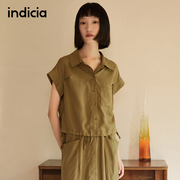 indicia 衬衫上衣薄款短袖军绿色系带文艺女2023夏季标记女装