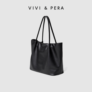 VIVI&PERA 2021软皮单肩大包包大容量休闲简约托特包黑色皱褶