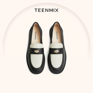 Teenmix/天美意英伦风复古超软白色乐福鞋春季漆皮单鞋AG003AA3