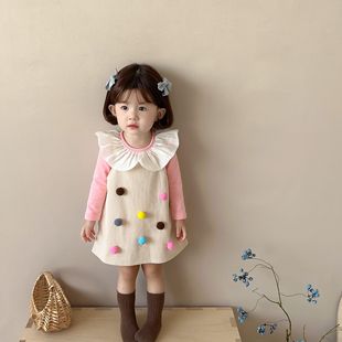 女童春装套装2024春秋款韩版洋气，娃娃领打底衫背心裙两件套