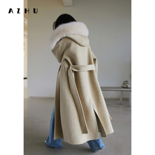 AZHU 毛呢外套女冬季手工羊驼大毛领松弛感呢子大衣
