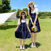 高端亲子装2024夏季母女装雪纺连衣裙假两件洋气韩版夏装裙子