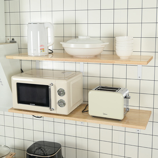 实木免打孔厨房隔板，墙上置物架壁挂烤箱，架微波炉调味料置物板收纳