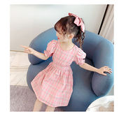 女童连衣裙中大童夏装，裙子2022韩版儿童，夏季格子短袖公主裙