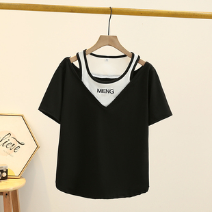 夏装韩版时尚短袖上衣胖mm设计感字母刺绣假两件大码露肩T恤