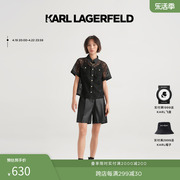 karllagerfeld卡尔拉格，斐黑色缕空蕾丝短袖翻领，衬衫女老佛爷