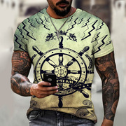 2023夏季3D打印指南针T恤嘻哈风格大码T恤风格短袖服装