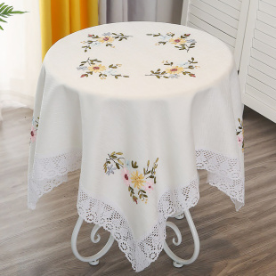 棉麻桌布家用小圆桌布，长正方形茶几盖布，丝带绣田园布艺餐桌台布