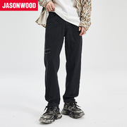 Jasonwood/坚持我的美式小众设计破洞水洗牛仔裤高街多口袋裤子男