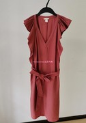 女装砖红色飞飞袖，中裙系腰带连衣裙低v领口优雅多种穿法