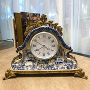 欧式复古时钟奢华摆件陶瓷配铜座钟家用床头桌面书房新房装修饰品