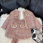 2024秋冬季韩版女童格子，小香风外套，短裙套装时尚长袖两件套潮