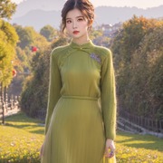 FL232506今年流行时尚漂亮草绿色小香风针织连衣裙秋冬女长裙
