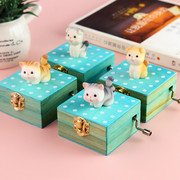 可爱小猫木质手摇音乐盒日式生日礼物天空之城送儿童迷你小八音盒